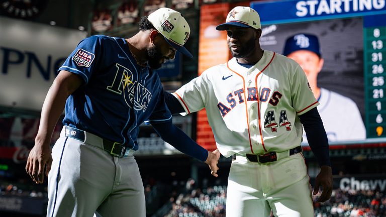 HOUSTON, TEXAS - JULY 04: Yordan Alvarez #44 of the Houston Astros speaks with Junior Caminero #13 of the Tampa Bay Rays before the game at Daikin Park on July 04, 2026 in Houston, Texas. (Photo by Houston Astros/Getty Images)