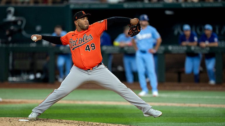ARLINGTON, TX - AUGUST 09: Albert Suárez #49 of the Baltimore Orioles pitches during the game between the Baltimore Orioles and the Texas Rangers at Globe Life Field on Sunday, August 9, 2026 in Arlington, Texas. (Photo by Courtney Kramer/MLB Photos via Getty Images)
