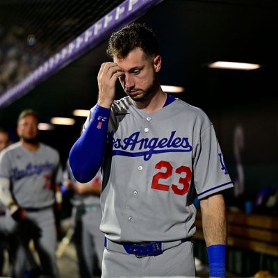 DENVER, CO - AUGUST 18: Los Angeles Dodgers right fielder Kyle Tucker (23) goes on defense from the dugout in the sixth inning during a game between the Los Angeles Dodgers and the Colorado Rockies at Coors Field on August 18, 2026 in Denver, Colorado. (Photo by Dustin Bradford/Icon Sportswire via Getty Images)