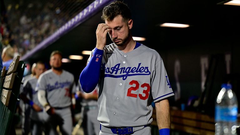 DENVER, CO - AUGUST 18: Los Angeles Dodgers right fielder Kyle Tucker (23) goes on defense from the dugout in the sixth inning during a game between the Los Angeles Dodgers and the Colorado Rockies at Coors Field on August 18, 2026 in Denver, Colorado. (Photo by Dustin Bradford/Icon Sportswire via Getty Images)