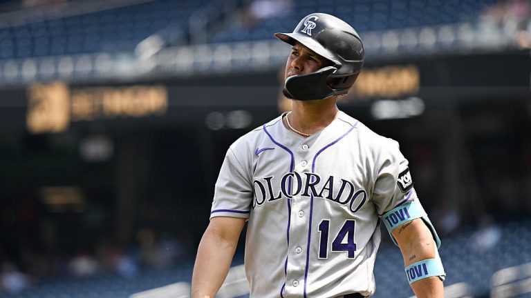 WASHINGTON, DC - AUGUST 27: Ezequiel Tovar #14 of the Colorado Rockies reacts during the game between the Colorado Rockies and the Washington Nationals at Nationals Park on Thursday, August 27, 2026 in Washington, District of Columbia. (Photo by Alyssa McDaniel/MLB Photos via Getty Images)