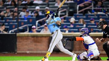 NEW YORK, NEW YORK - AUGUST 27: Joey Ortiz #3 of the Milwaukee Brewers swings at a pitch against the New York Mets during the first inning at Citi Field on August 27, 2026 in New York City. (Photo by Steven Ryan/Getty Images)