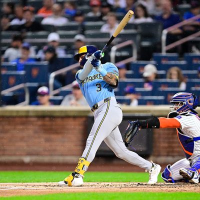 NEW YORK, NEW YORK - AUGUST 27: Joey Ortiz #3 of the Milwaukee Brewers swings at a pitch against the New York Mets during the first inning at Citi Field on August 27, 2026 in New York City. (Photo by Steven Ryan/Getty Images)