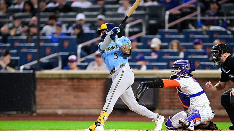 NEW YORK, NEW YORK - AUGUST 27: Joey Ortiz #3 of the Milwaukee Brewers swings at a pitch against the New York Mets during the first inning at Citi Field on August 27, 2026 in New York City. (Photo by Steven Ryan/Getty Images)