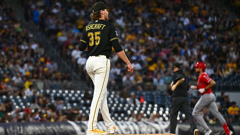PITTSBURGH, PENNSYLVANIA - SEPTEMBER 5: Braxton Ashcraft #35 of the Pittsburgh Pirates steps off the mound as Josh Lowe #3 of the Los Angeles Angels rounds the bases after hitting a solo home run in the fifth inning during the game at PNC Park on September 5, 2026 in Pittsburgh, Pennsylvania. (Photo by Justin Berl/Getty Images)