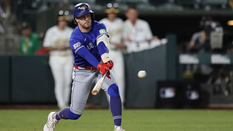 SACRAMENTO, CA - SEPTEMBER 07: Ernie Clement #22 of the Toronto Blue Jays bats during the game between the Toronto Blue Jays and the Athletics at Sutter Health Park on Monday, September 7, 2026 in Sacramento, California. (Photo by Don Collier/MLB Photos via Getty Images)