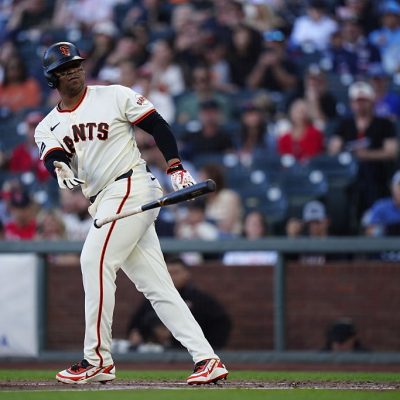 SAN FRANCISCO, CALIFORNIA - SEPTEMBER 7: Rafael Devers #16 of the San Francisco Giants hits a double against the St. Louis Cardinals at Oracle Park on September 7, 2026 in San Francisco, California. (Photo by Andy Kuno/San Francisco Giants/Getty Images)