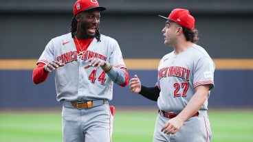 MILWAUKEE, WI - SEPTEMBER 11: Elly De La Cruz #44 of the Cincinnati Reds and Sal Stewart #27 talk prior to the game between the Cincinnati Reds and the Milwaukee Brewers at American Family Field on Friday, September 11, 2026 in Milwaukee, Wisconsin. (Photo by Kylie Bridenhagen/MLB Photos via Getty Images)