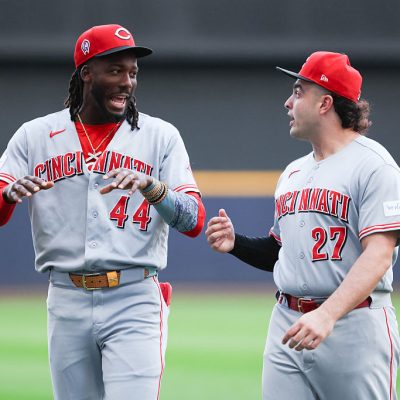 MILWAUKEE, WI - SEPTEMBER 11: Elly De La Cruz #44 of the Cincinnati Reds and Sal Stewart #27 talk prior to the game between the Cincinnati Reds and the Milwaukee Brewers at American Family Field on Friday, September 11, 2026 in Milwaukee, Wisconsin. (Photo by Kylie Bridenhagen/MLB Photos via Getty Images)