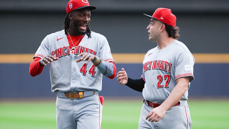 MILWAUKEE, WI - SEPTEMBER 11: Elly De La Cruz #44 of the Cincinnati Reds and Sal Stewart #27 talk prior to the game between the Cincinnati Reds and the Milwaukee Brewers at American Family Field on Friday, September 11, 2026 in Milwaukee, Wisconsin. (Photo by Kylie Bridenhagen/MLB Photos via Getty Images)