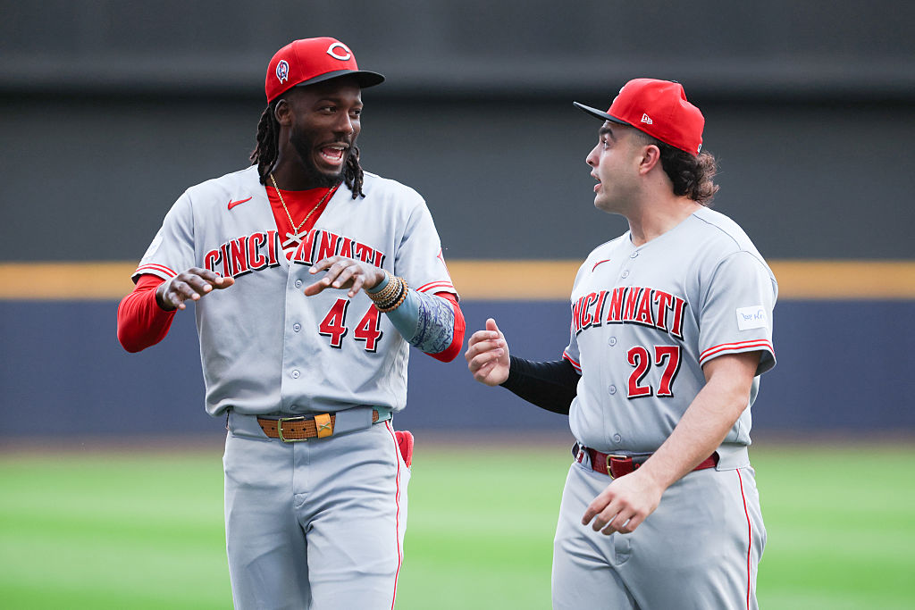 MILWAUKEE, WI - SEPTEMBER 11: Elly De La Cruz #44 of the Cincinnati Reds and Sal Stewart #27 talk prior to the game between the Cincinnati Reds and the Milwaukee Brewers at American Family Field on Friday, September 11, 2026 in Milwaukee, Wisconsin. (Photo by Kylie Bridenhagen/MLB Photos via Getty Images)