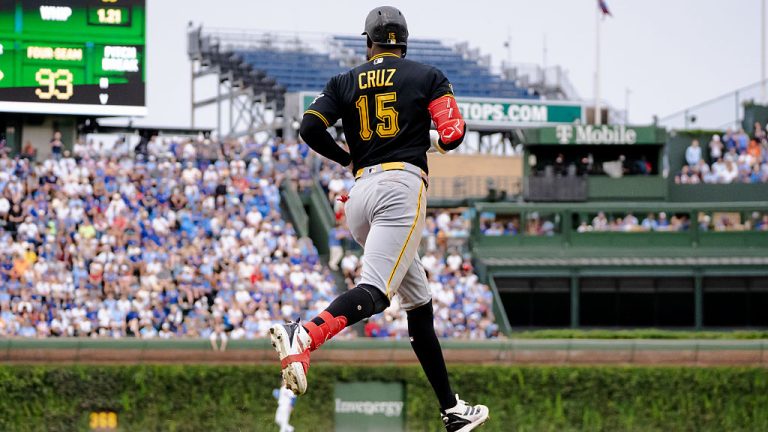 CHICAGO, IL - SEPTEMBER 13: Oneil Cruz #15 of the Pittsburgh Pirates runs to first base during the game between the Pittsburgh Pirates and the Chicago Cubs at Wrigley Field on Sunday, September 13, 2026 in Chicago, Illinois. (Photo by Kyle Sheridan/MLB Photos via Getty Images)
