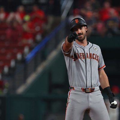 ST LOUIS, MISSOURI - SEPTEMBER 15: Bryce Eldridge #8 of the San Francisco Giants points to the dugout after hitting an RBI double against the St. Louis Cardinals in the eighth inning at Busch Stadium on September 15, 2026 in St Louis, Missouri. (Photo by Dilip Vishwanat/Getty Images)