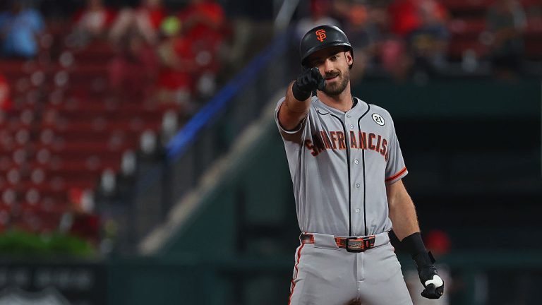 ST LOUIS, MISSOURI - SEPTEMBER 15: Bryce Eldridge #8 of the San Francisco Giants points to the dugout after hitting an RBI double against the St. Louis Cardinals in the eighth inning at Busch Stadium on September 15, 2026 in St Louis, Missouri. (Photo by Dilip Vishwanat/Getty Images)