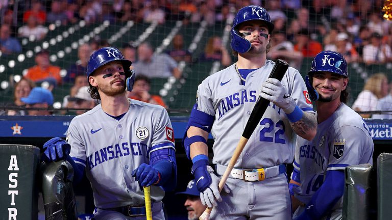 HOUSTON, TX - SEPTEMBER 15: Bobby Witt Jr. #7, Carter Jensen #22 and Jack Caglianone #14 of the Kansas City Royals look on during the game between the Kansas City Royals and the Houston Astros at Daikin Park on Tuesday, September 15, 2026 in Houston, Texas. (Photo by Michaela Schumacher/MLB Photos via Getty Images)