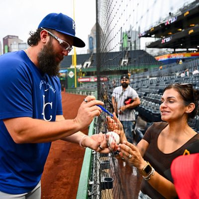 PITTSBURGH, PA - SEPTEMBER 20: Randy Dobnak #62 of the Kansas City Royals signs autographs after the game between the Kansas City Royals and the Pittsburgh Pirates at PNC Park on Sunday, September 20, 2026 in Pittsburgh, Pennsylvania. (Photo by Christopher Denver/MLB Photos via Getty Images)
