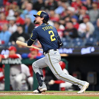 PHILADELPHIA, PA - SEPTEMBER 23: Milwaukee Brewers second baseman Brice Turang #2 hits a home run during the game between the Philadelphia Phillies and the Milwaukee Brewers on September 23rd, 2026 at Citizens Bank Park in Philadelphia, PA. (Photo by Terence Lewis/Icon Sportswire via Getty Images)