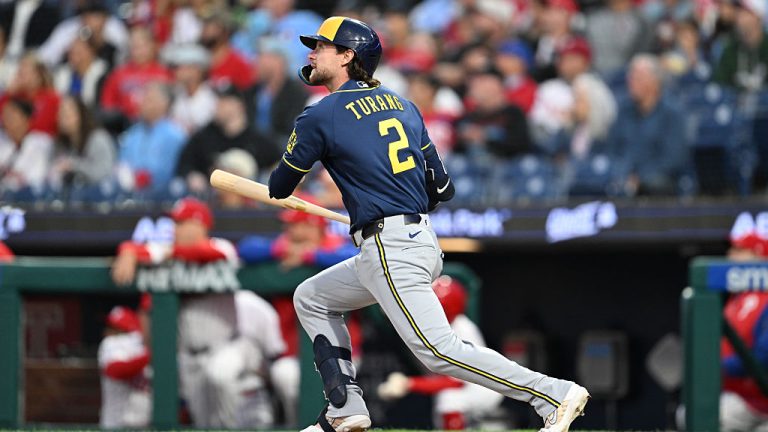 PHILADELPHIA, PA - SEPTEMBER 23: Milwaukee Brewers second baseman Brice Turang #2 hits a home run during the game between the Philadelphia Phillies and the Milwaukee Brewers on September 23rd, 2026 at Citizens Bank Park in Philadelphia, PA. (Photo by Terence Lewis/Icon Sportswire via Getty Images)