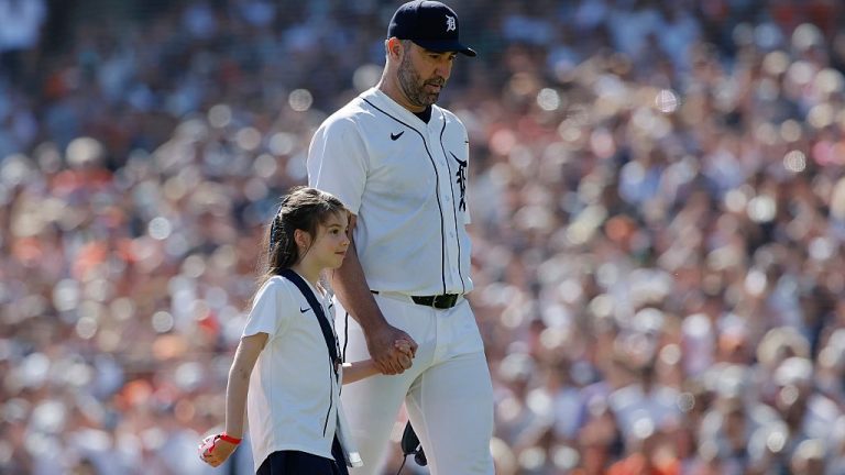 DETROIT, MI - SEPTEMBER 26: Justin Verlander #35 of the Detroit Tigers walks off the field with daughter Genevieve after pitching his last baseball game in the sixth inning against the Pittsburgh Pirates at Comerica Park on September 26, 2026 in Detroit, Michigan. (Photo by Duane Burleson/Getty Images)