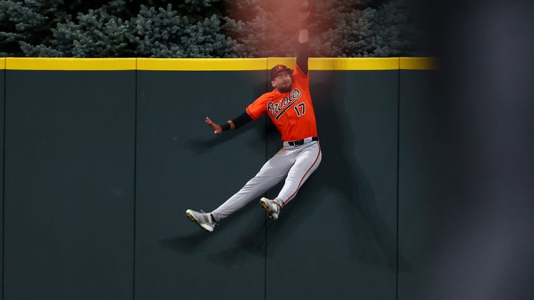 DENVER, CO - AUGUST 31: Colton Cowser #17 of the Baltimore Orioles celebrates robs Jake McCarthy of the Colorado Rockies of a home run in the ninth inning that would have won the game at Coors Field on August 31, 2026 in Denver, Colorado. Baltimore Orioles won the game 2-1. (Photo by Justin Edmonds/Getty Images)