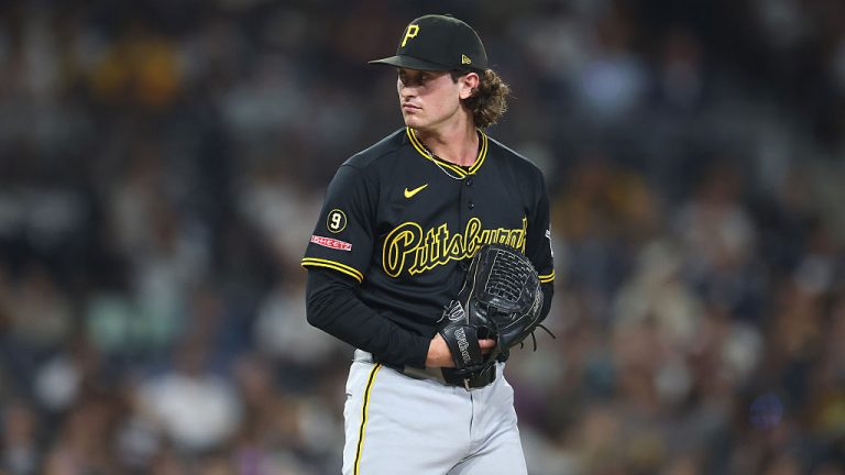 SAN DIEGO, CALIFORNIA - AUGUST 25: Mason Montgomery #46 of the Pittsburgh Pirates pitches during a game against the San Diego Padres at Petco Park on August 25, 2026 in San Diego, California. (Photo by Sean M. Haffey/Getty Images)