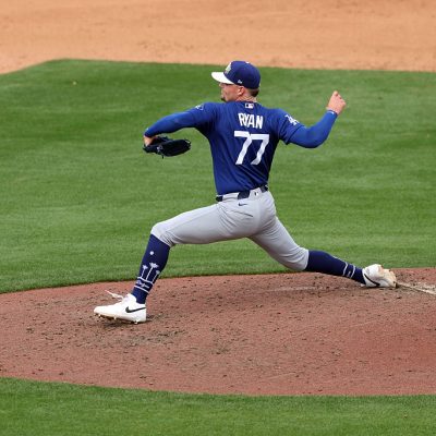 PHOENIX, ARIZONA - MARCH 09: Pitcher River Ryan #77 of the Los Angeles Dodgers throws a pitch against the Milwaukee Brewers during the fifth inning of the spring training game at American Family Fields of Phoenix on March 09, 2026 in Phoenix, Arizona. (Photo by Chris Coduto/Getty Images)