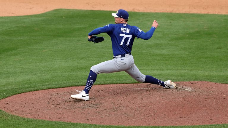 PHOENIX, ARIZONA - MARCH 09: Pitcher River Ryan #77 of the Los Angeles Dodgers throws a pitch against the Milwaukee Brewers during the fifth inning of the spring training game at American Family Fields of Phoenix on March 09, 2026 in Phoenix, Arizona. (Photo by Chris Coduto/Getty Images)