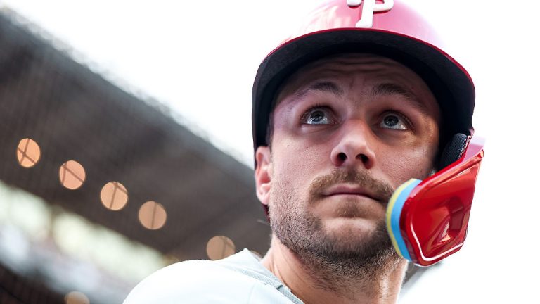 SEATTLE, WASHINGTON - AUGUST 25: Trea Turner #7 of the Philadelphia Phillies looks on during the first inning against the Seattle Mariners at T-Mobile Park on August 25, 2026 in Seattle, Washington. (Photo by Steph Chambers/Getty Images)