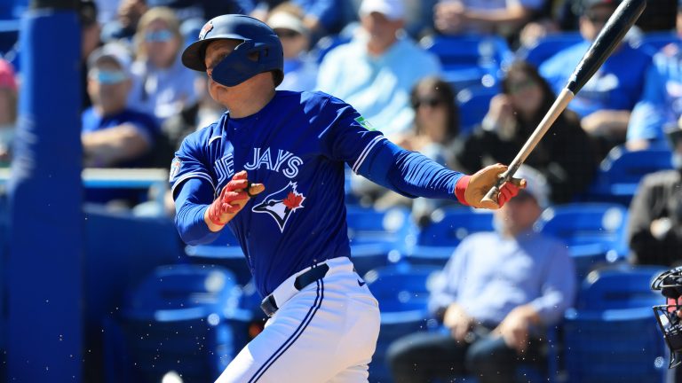 Feb 24, 2026; Dunedin, Florida, USA; Toronto Blue Jays infielder Josh Kasevich (86) singles during the second inning against the New York Yankees at TD Ballpark. Mandatory Credit: Kim Klement Neitzel-Imagn Images