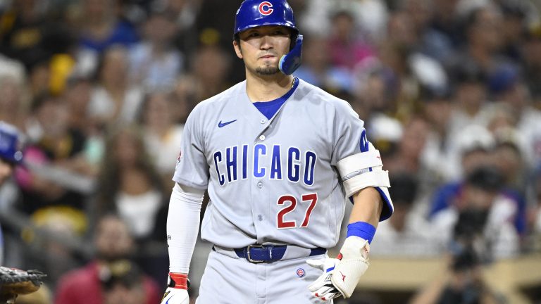 Sep 29, 2026; San Diego, California, USA; Chicago Cubs outfielder Seiya Suzuki (27) reacts after a strike against the San Diego Padres during the sixth inning during game one of the Wildcard round for the 2026 MLB Playoffs at Petco Park. Mandatory Credit: Denis Poroy-Imagn Images