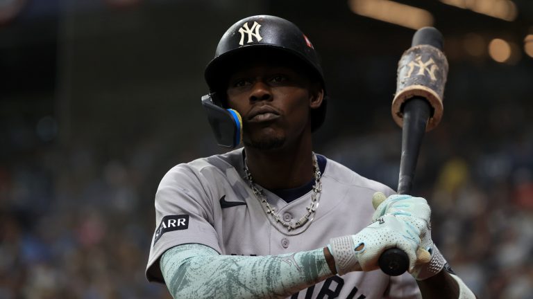 Oct 3, 2026; St. Petersburg, Florida, USA; New York Yankees second baseman Jazz Chisholm Jr. (13) on deck in the second inning against the Tampa Bay Rays in game one of the ALDS for the 2026 MLB Playoffs at Tropicana Field. Mandatory Credit: Kim Klement Neitzel-Imagn Images
