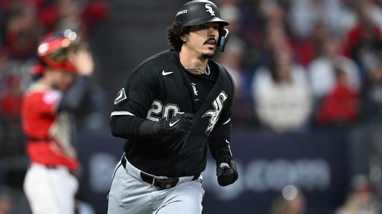 Oct 5, 2026; Cleveland, Ohio, USA; Chicago White Sox third baseman Miguel Vargas (20) singles against the Cleveland Guardians during the sixth inning in game two of the ALDS for the 2026 MLB Playoffs at Progressive Field. Mandatory Credit: David Dermer-Imagn Images