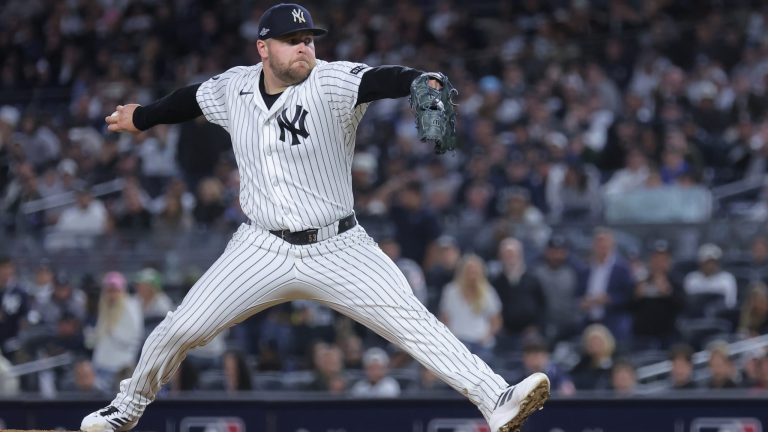 Oct 7, 2026; Bronx, New York, USA; New York Yankees pitcher David Bednar (53) throws during the ninth inning against the Tampa Bay Rays in game three of the ALDS for the 2026 MLB Playoffs at Yankee Stadium. Mandatory Credit: Brad Penner-Imagn Images