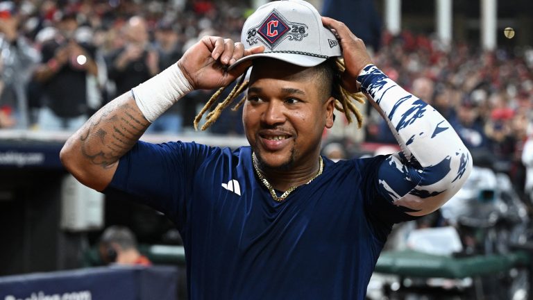 Oct 10, 2026; Cleveland, Ohio, USA; Cleveland Guardians third baseman Jose Ramirez (11) reacts after the win against the Chicago White Sox in game five of the ALDS for the 2026 MLB Playoffs at Progressive Field. Mandatory Credit: David Dermer-Imagn Images