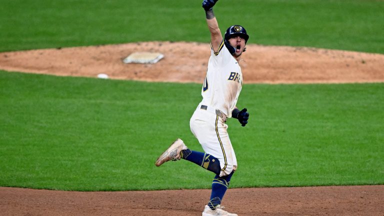 Oct 24, 2026; Milwaukee, Wisconsin, USA; Milwaukee Brewers outfielder Sal Frelick (10) reacts while running the bases after hitting a solo home run against the Tampa Bay Rays during the sixth inning in game two of the 2026 World Series at American Family Field. Mandatory Credit: Matt Marton-Imagn Images TPX IMAGES OF THE DAY