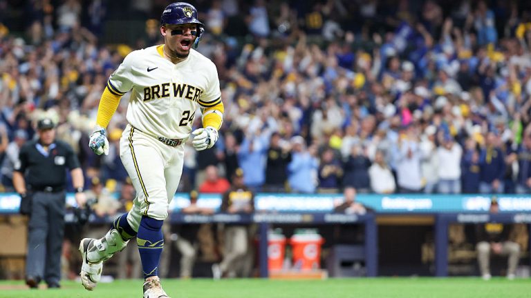 MILWAUKEE, WI - OCTOBER 03: William Contreras #24 of the Milwaukee Brewers celebrates as he rounds the bases after hitting a solo home run in the seventh inning during Game One of the National League Division Series presented by Booking.com between the San Diego Padres and the Milwaukee Brewers at American Family Field on Saturday, October 3, 2026 in Milwaukee, Wisconsin. (Photo by Rob Tringali/MLB Photos via Getty Images)