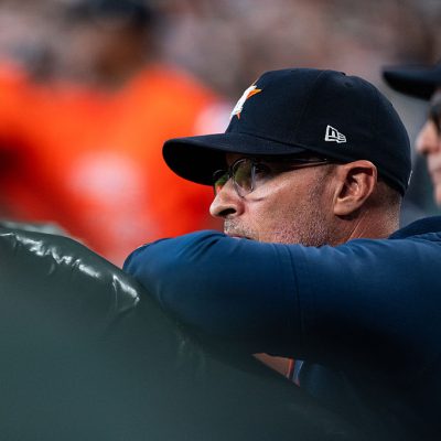 HOUSTON, TEXAS - SEPTEMBER 30: Manager Joe Espada #19 of the Houston Astros looks on in the first inning of game two of the American League Wild Card Series against the Chicago White Sox at Daikin Park on September 30, 2026 in Houston, Texas. (Photo by Houston Astros/Getty Images)