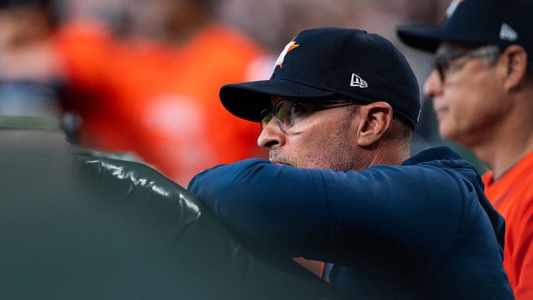 HOUSTON, TEXAS - SEPTEMBER 30: Manager Joe Espada #19 of the Houston Astros looks on in the first inning of game two of the American League Wild Card Series against the Chicago White Sox at Daikin Park on September 30, 2026 in Houston, Texas. (Photo by Houston Astros/Getty Images)